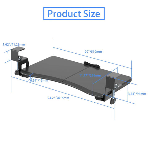 Under Desk Keyboard Tray With C Clamp Mount, Slide Out Keyboard And Mouse Platform, 20 Inch Wide By 11.8 Inch Deep, Black, dimensions