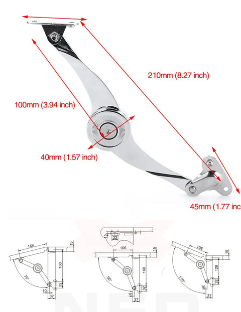 Heavy Duty Built Tough Soft Close Lid Support Hinges For Kitchen Cabinets Adjustable Polish Zinc Alloy with measurements diagram