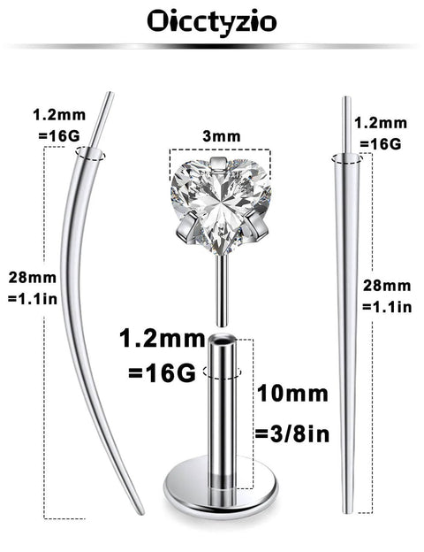 Titanium Threadless Medusa Piercing Jewelry Set 16G 10mm Flat Back Studs with Cubic Zirconia and Taper Insertion Tools