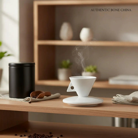 Classic White Bone China Espresso Cup And Saucer Set Designed For Your Daily Coffee Grind Holds 3.4 Ounces Of Precision Shots, displayed with steam.