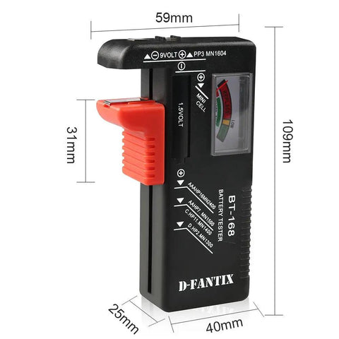 Compact Universal Battery Tester For AA AAA C D 9V And Button Cell Batteries BT 168 with measurement labels