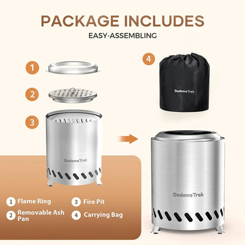 Tabletop Fire Pit Mini Portable Outdoor Smokeless Firepit Stainless Steel 5.5 Inch with included accessories pictured