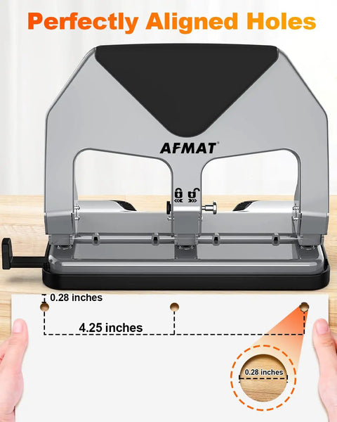 Heavy-Duty 3 Hole Punch For Binders, 50-Sheet Capacity with stainless steel paper guide for perfectly aligned 9-32 inch holes.