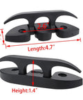 4 Pack 5 Inch Folding Dock Cleat Flip Up Cleat With Long And Short Screws M6 Nylon Black 2 Holes Saltwater Ready Marine Grade Hardware For Boats Deck Mount Dock Gear That Holds Up In Saltwater. Image shows cleat dimensions: width 1.27 inches, length 4.7 inches, height 1.4 inches, grip 2.6 inches.