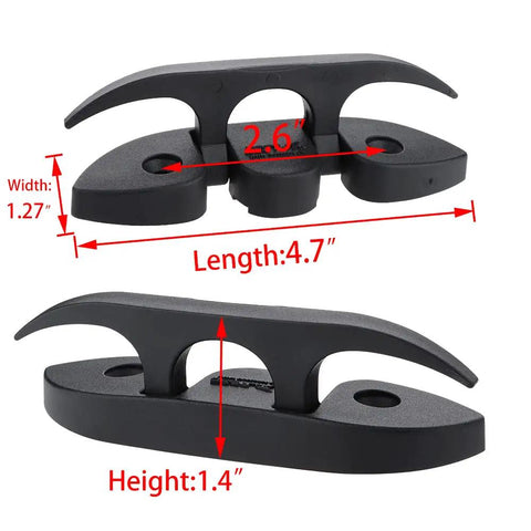 4 Pack 5 Inch Folding Dock Cleat Flip Up Cleat With Long And Short Screws M6 Nylon Black 2 Holes Saltwater Ready Marine Grade Hardware For Boats Deck Mount Dock Gear That Holds Up In Saltwater. Image shows cleat dimensions: width 1.27 inches, length 4.7 inches, height 1.4 inches, grip 2.6 inches.