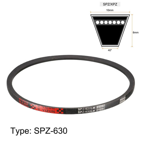 SPZ-630 Drive V Belt Neoprene Rubber Transmission Belt 630mm Pitch Girth 10mm Wide 8mm Thick 40 Degree Angle Heavy Duty Oil and Water Resistant for Industrial Power Transmission Systems, black belt with 10mm 8mm profile