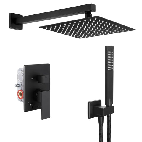 Matte Black 10 Inch Rain Shower Head With Handheld Spray Shower System, Wall Mounted Pressure Balance Valve Included, cUPC Certified