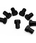 8 Piece Aluminum Bench Dogs Set For Woodworking. Close-up of eight black bench dogs, 19 mm size, with non-slip blocks.