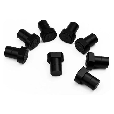 8 Piece Aluminum Bench Dogs Set For Woodworking. Close-up of eight black bench dogs, 19 mm size, with non-slip blocks.