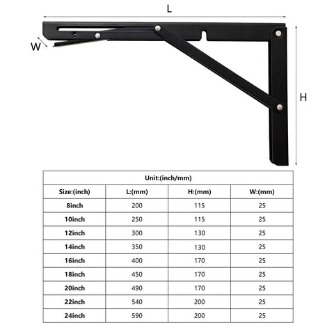Dimensions of 20 Inch Heavy Duty Folding Shelf Brackets Stainless Steel Collapsible Wall Mount For Space Saving Desk, DIY Workbench