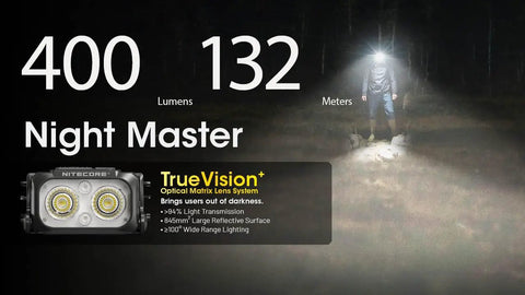 Person using NU25 MCT Ultralight Headlamp 400 Lumens USB C Rechargeable for night hiking, highlights beam distance.