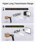Wireless Bluetooth 1D Barcode Scanner with 2000mAh Battery Delivers 3 Months On One Charge USB Handheld Barcode Reader showing transmission range of 100m via wireless adapter and 40m via Bluetooth.