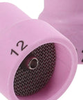 Close-up of Rock Solid Pink Tig Welding Cups That Make Cleaning A Breeze, Sturdy Ceramic Nozzles with mesh opening.