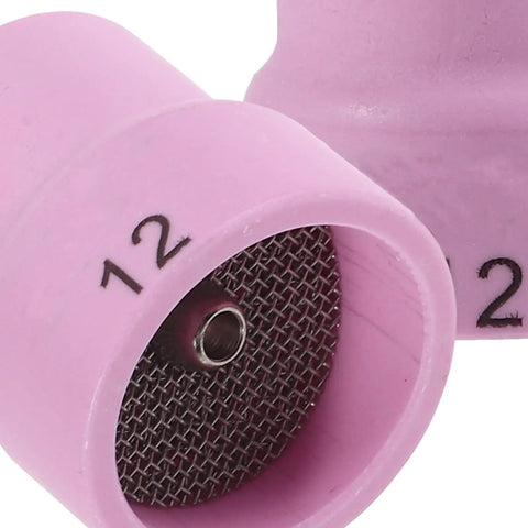 Close-up of Rock Solid Pink Tig Welding Cups That Make Cleaning A Breeze, Sturdy Ceramic Nozzles with mesh opening.