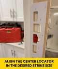 Four Pocket Mortising Template For Door Jamb Strikes And Deadbolts With A Durable Bamboo Carrier And Center Locators installed on door frame.