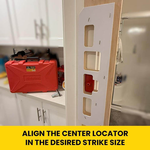 Four Pocket Mortising Template For Door Jamb Strikes And Deadbolts With A Durable Bamboo Carrier And Center Locators installed on door frame.