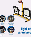 Beefy 180W 20000 Lumen Dual Head LED Work Light with hand grip and illustrations of use cases like repair and camping.