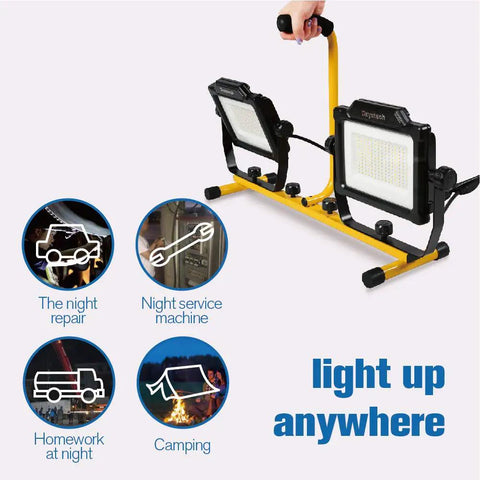 Hella Bright 20000 Lumen Dual Head LED Work Light showing adjustable tripod and portable handheld design