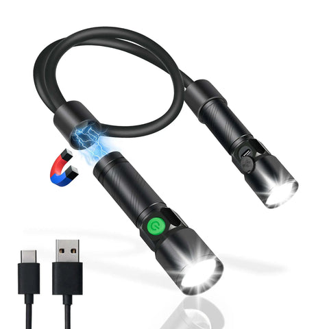 Bright 1800 Lumen LED Neck Light With Rechargeable Battery, shown with detachable hands-free lights and magnetic base.