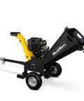 Towable 5 Inch Gas Powered Wood Chipper Shredder Mulcher With Electric Start And Emergency Stop Button Powerhouse 429cc Kohler 14HP Engine 12V 20Ah Battery Handles Up To Five Inch Branches Tow Bar Model GS1500 Black