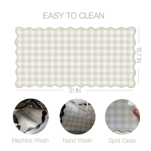 Scalloped Beige Checkered Gingham Desk Pad Large Mouse Pad For Keyboard And Computer, 31 by 15.7 Inches, cleaning methods shown