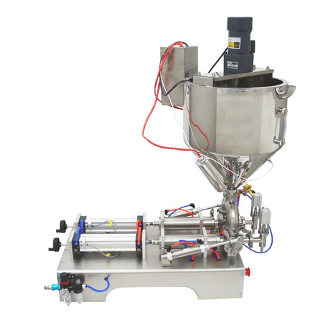 Top Shelf Pneumatic Piston Filler With Dual Stainless Steel Nozzles And Heating Stirring System smooth machine for lotions and cosmetics.