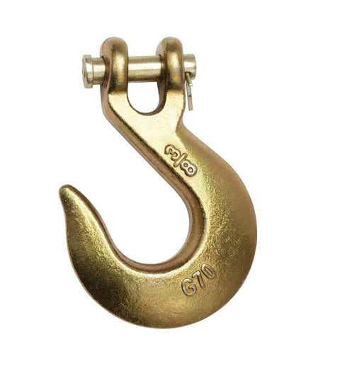 Close-up of a 3/8 inch Grade 70 clevis grab hook with pin from the Twenty Piece Hook Set For 3/8 Inch Grade 70 Clevis Grab Hooks With Pins And Clevis Slip Hooks G70 Tow Chain Wrecker Kit For Truck And Trailer Tie Down Heavy Duty 6600 Lbs Working Load.