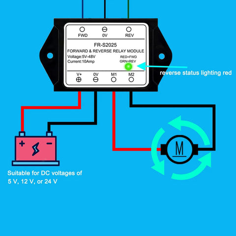 Diagram of a 5-48V DC DPDT Forward Reverse Relay Module with momentary or latching control, showing connections for motor control.