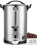 Massive Commercial Coffee Urn With 155 Cup Capacity Dual Layer Industrial Grade Stainless Steel 1500W 120V Hot Water Dispenser For Catering Churches Restaurants Workhorse Keeps Coffee Hot All Day, front view with coffee cup and beans