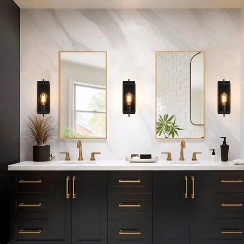 Black Wall Sconce Lighting Single Light Bathroom Vanity Fixture In Modern Farmhouse Style Slick Matte Black Metal Wall Light With E26 Base 110 To 240V Durable Indoor Bathroom Hallway Accent in stylish bathroom setting with mirrors and plants.