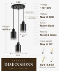 Three Pack Black Pendant Lights With Adjustable Height In Industrial Modern Style product dimensions and specifications diagram