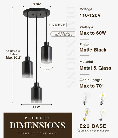 Three Pack Black Pendant Lights With Adjustable Height In Industrial Modern Style product dimensions and specifications diagram