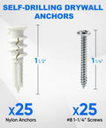 Self-Drilling Drywall Anchors with 25 nylon plugs and 25 zinc-coated screws, sizing 1/2" and 1/4" for 50 Piece Self Drilling Drywall Anchor And Screw Kit With Zinc Coated Steel Screws Heavy Duty Nylon Wall Plugs For Sheetrock Picture Hanging Skip The Pilot Hole Quick Snap Install Holds 75 Pounds.