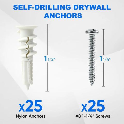 Self-Drilling Drywall Anchors with 25 nylon plugs and 25 zinc-coated screws, sizing 1/2" and 1/4" for 50 Piece Self Drilling Drywall Anchor And Screw Kit With Zinc Coated Steel Screws Heavy Duty Nylon Wall Plugs For Sheetrock Picture Hanging Skip The Pilot Hole Quick Snap Install Holds 75 Pounds.
