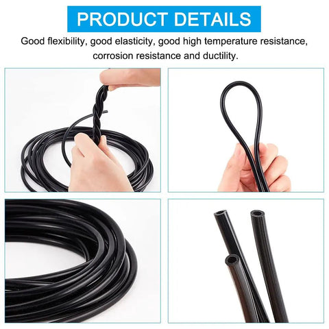 Hands holding and coiling Hot Temp Silicone Vacuum Hose For Cars And Rigs 16.4 Feet Long Five Meters Inner Diameter One Eighth Inch Outer Diameter Three Sixteenths Inch 130 PSI Max Built Tough For Automotive And Industrial Pipeline Use