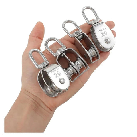 14 Piece M20 Rope Pulley Set In Stainless Steel With Crane Swivel Hooks Double Roller Pulleys 360 Degree Rotation Rust Proof And Weather Resistant Construction For Heavy Duty Hoisting, hand-held