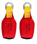 Two Pack XPAC Outdoor Throw Bags Set Red 350G Each with Lead Filled Core, Heavy Duty Tree Rigging Gear, frontal view with metal rings