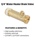 Brass Water Heater Drain Valve Three Quarters Inch MIP To MHT, heavy duty, corrosion resistant, with easy turn handle, front view