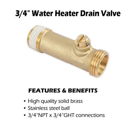 Brass Water Heater Drain Valve Three Quarters Inch MIP To MHT, heavy duty, corrosion resistant, with easy turn handle, front view