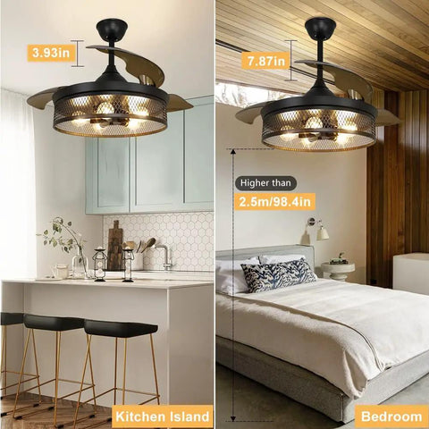 Black 42 Inch Ceiling Fan With Lights Remote Control Vintage Cage Dope Yet Silent Retractable Blades For Kitchen Dining Living Room Five E26 Base No Bulbs Farmhouse Style over kitchen island and bedroom.