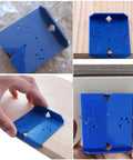Precise, portable hinge jig and punch locator drill guide set helps you position holes for concealed Euro hinges on full overlay cabinet doors, delivering quick, soft opening installation with four pack reliability. Pack of blue ABS hinge hole guides for cabinets in various views on wood and hand-held.