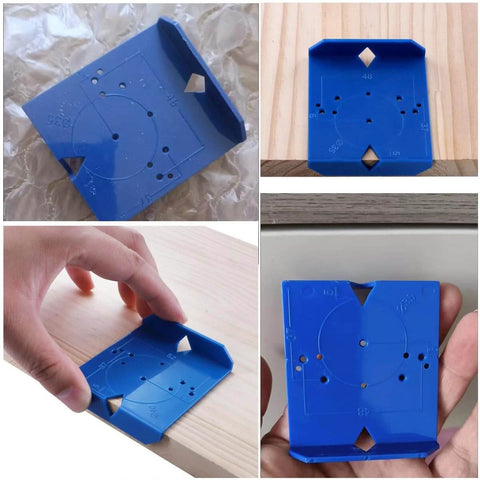 Precise, portable hinge jig and punch locator drill guide set helps you position holes for concealed Euro hinges on full overlay cabinet doors, delivering quick, soft opening installation with four pack reliability. Pack of blue ABS hinge hole guides for cabinets in various views on wood and hand-held.