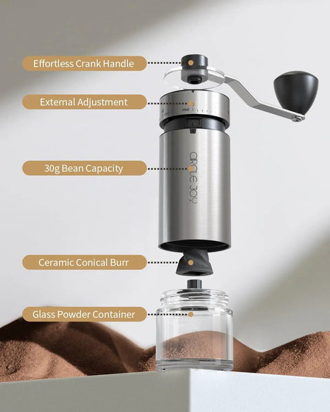 Compact Manual Coffee Grinder With 40 External Grind Settings And Ceramic Conical Burr, Durable Stainless Steel Build shown