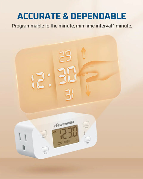 Indoor Programmable Digital Timer Outlet Plug Two Pack 24 Hour Schedule Switch With Effortless Setup showing clear digital display and buttons.