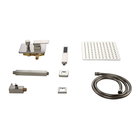 Heavy Duty Brushed Nickel Wall Mount Shower Combo features components including 10 inch rain head and hose, crafted from solid brass.
