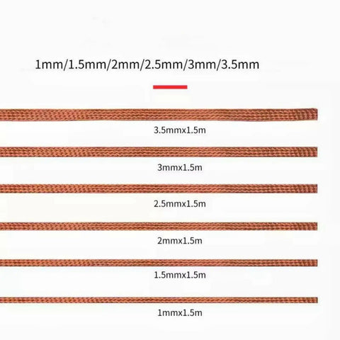 Various sizes of braided copper desoldering wicks labeled by width and length, showcasing options for Desoldering Wick Set With Flux Wick Braids For PCB Repair And Keyboard Switches 10 Ft Length 2 mm Width Pro Grade Solder Removal Solution For Relays Motherboards SMD And General Desoldering.
