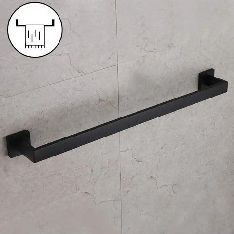 24 Inch Contemporary Stainless Steel Towel Bar Wall Mount With Slick Matte Black Finish installed on bathroom wall