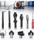 16mm Drain Cleaner Cutter Head Set Robust Metal Construction Eats Through Packed Waste Like Butter Replaces Worn Blades On Five Eighth Inch Drum Machines Restores Kick To Your Gear multiple cutter heads in a row showing versatility for different drain types.