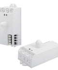Smart Microwave Motion Sensor Switch 5.8GHz TDL1913 wall mount closeup, pure white PVC, 85-250V AC seen with connectors.