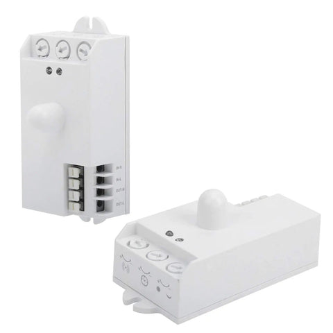 Smart Microwave Motion Sensor Switch 5.8GHz TDL1913 wall mount closeup, pure white PVC, 85-250V AC seen with connectors.